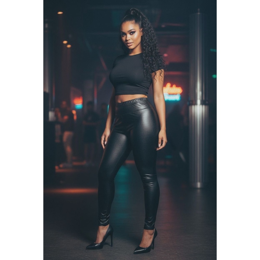 MCEDAR Black Shiny‎ Faux Leather Legging M High Waist Wet-Look Clubwear Stretch